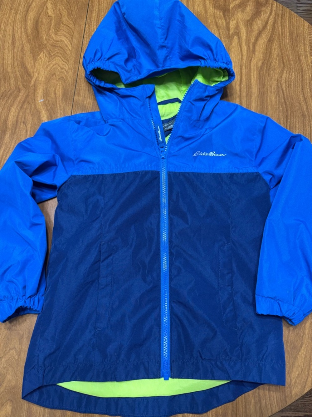 Eddie Bauer Blue Hooded Kids' Rain Jacket - Lime Lining Size 5/6